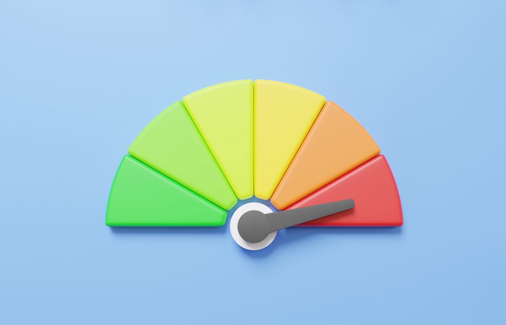 Speedometer icon cartoon minimal arrow point scale speed low status power red. Performance, pointer rating risk levels quality, meter, tachometer on blue pastel background. 3d render illustration