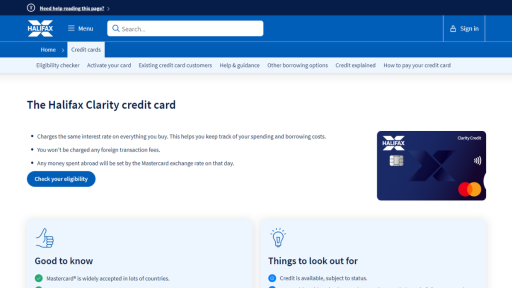 Halifax Clarity Credit Card website
